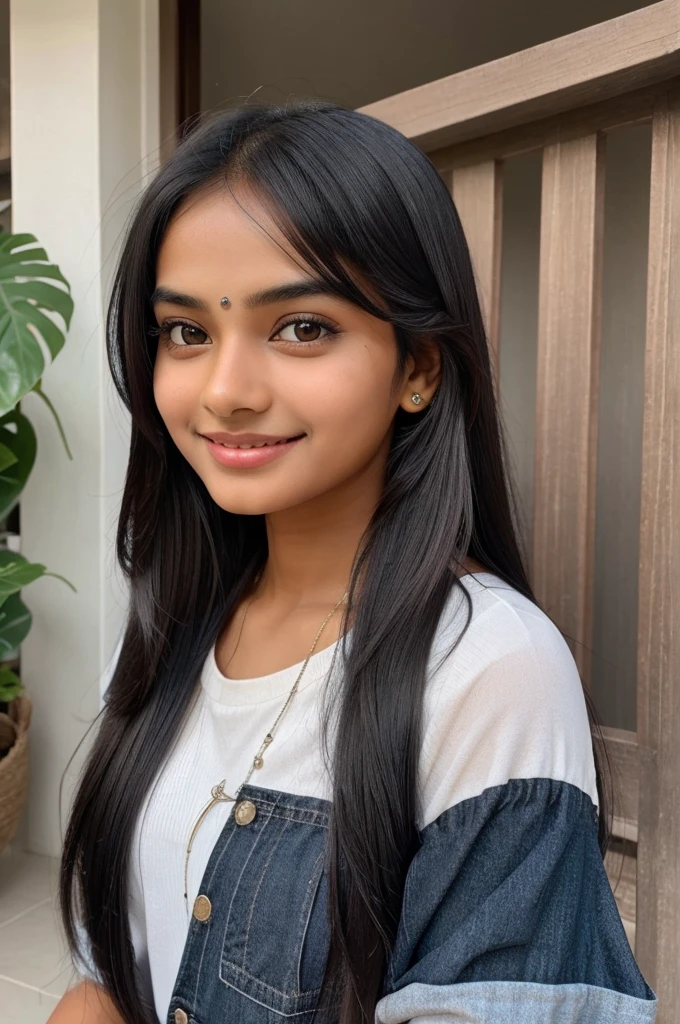 Make a beautiful Indian girl with round face and mixture of black and white medium skin tone and open long hair beautiful smile and cute and attractive