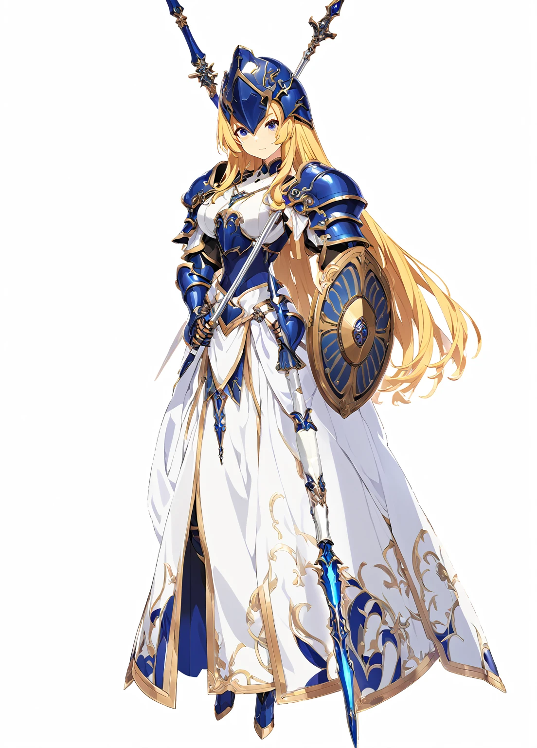 high quality, high resolution, high qualityのゲームアートスタイル, whole body,valkyrie,perfect hand,Official Art, Smooth game CG art, Visual Novel Sprites, White background,Smooth game CG art, (((Woman with a long spear))),Woman wearing a white dress and blue armor, An intricately designed helmet with white feathers,Small shield, (((In his right hand he holds an elaborate long spear))),Exquisite Blue Armor,Golden Hair, long hair, female knight, Rin々Shii,Large Bust,20-year-old,