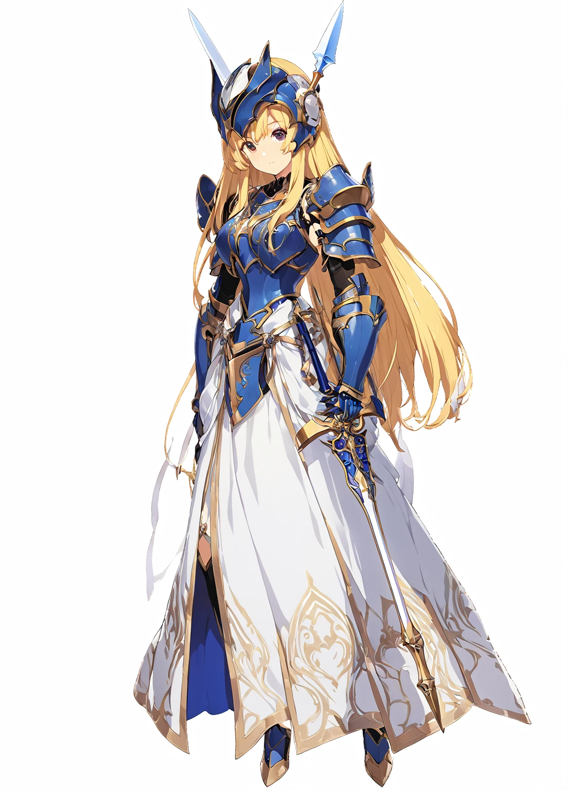 high quality, high resolution, high qualityのゲームアートスタイル, whole body,valkyrie,perfect hand,Official Art, Smooth game CG art, Visual Novel Sprites, White background,Smooth game CG art, (((Woman with a long spear))),Woman wearing a white dress and blue armor, An intricately designed helmet with white feathers,Small shield, (((In his right hand he holds an elaborate long spear))),Exquisite Blue Armor,Golden Hair, long hair, female knight, Rin々Shii,Large Bust,20-year-old,