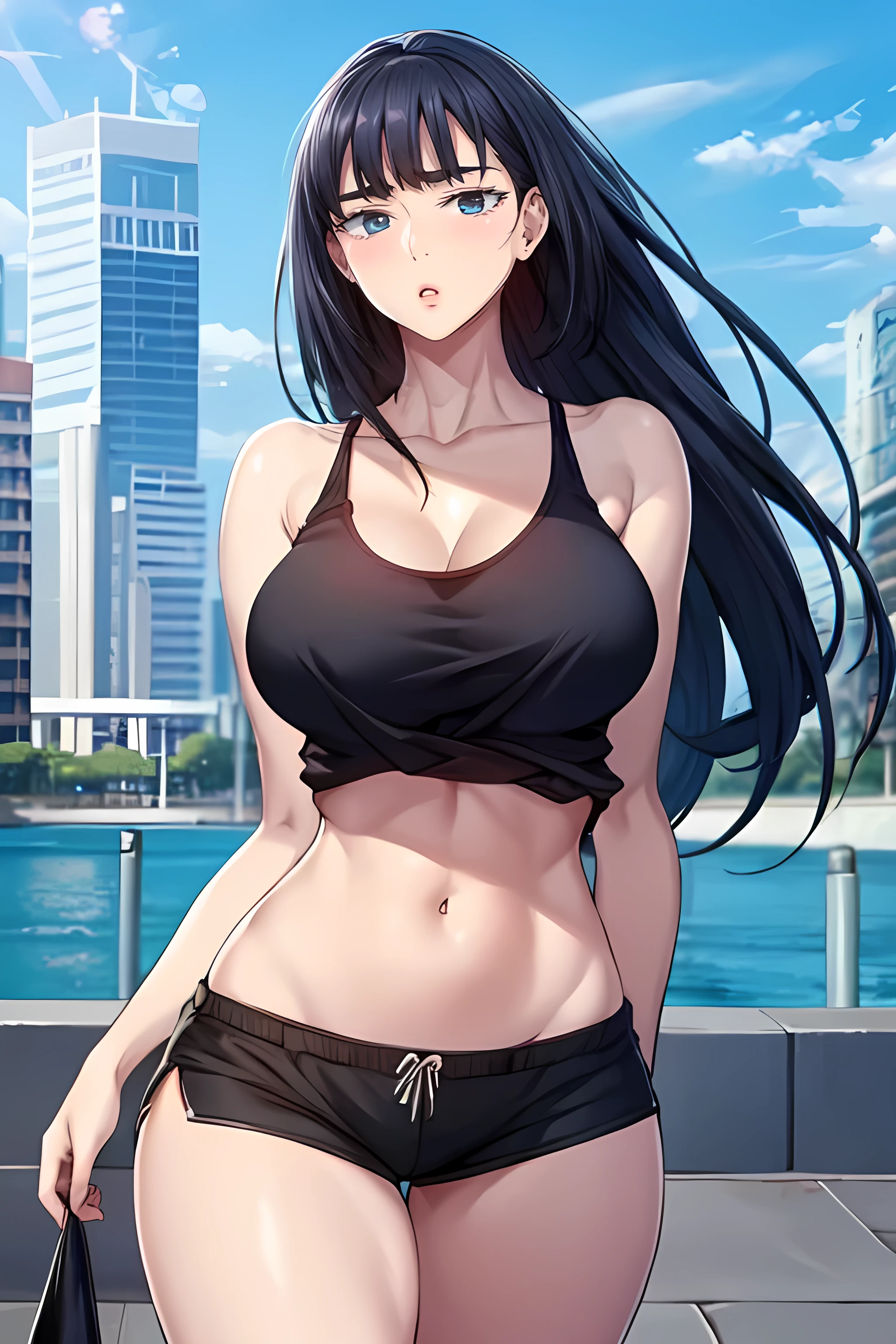 score_9, score_8_up, score_7_up, score_6_up, score_5_up, score_4_up, (8k, RAW photo, best quality, masterpiece:1.2), front view detailed body, long belly, big , Slender body, tight body , thicc ,medium breast , long thighs, muscular woman, JooRidef, black hair, long hair, blue eyes, large breasts, 
1girl, solo, looking at viewer, tank top, bare shoulders, collarbone, underboob, dolphin shorts, day, outdoors , walking, city, looking at viewer, cowboy shot 