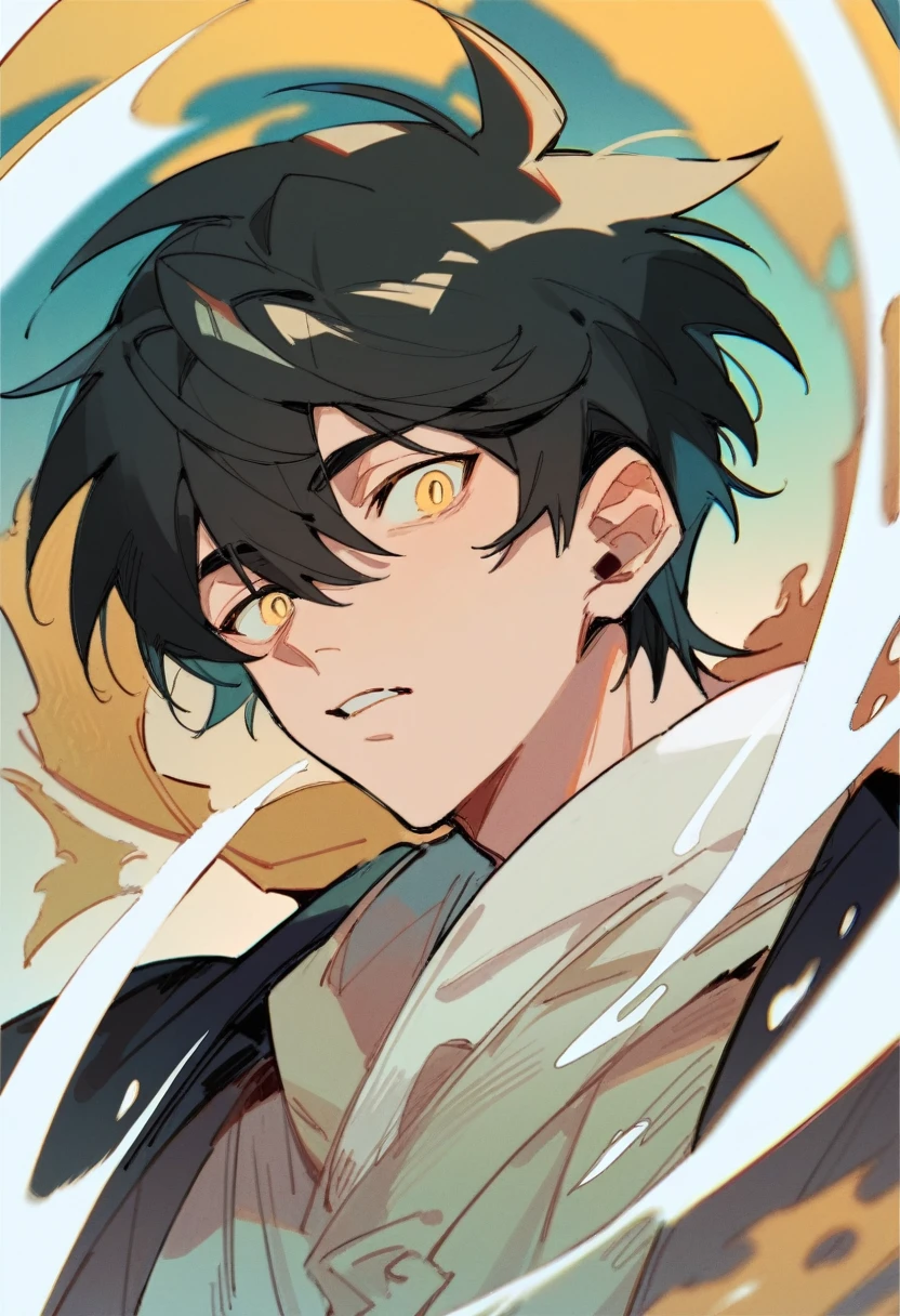 anime boy, black hair, yellow eyes, , 2D, 