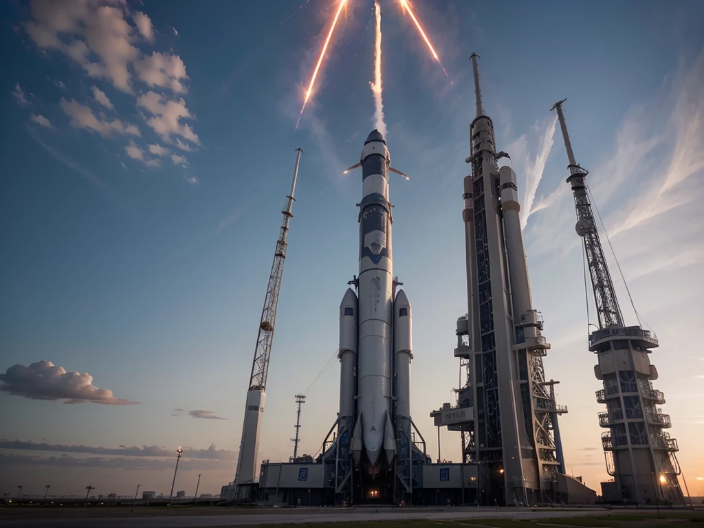 a high-detailed rocket launch, rocket launch, rocket blasting off, rocket exhaust, rocket on launch pad, rocket taking off, rocket ascending into sky, rocket contrail, rocket smoke plume, cinematic rocket launch scene, dramatic rocket launch, epic rocket launch, realistic rocket launch, detailed rocket design, complex rocket structure, intricate rocket engineering, powerful rocket engines, massive rocket boosters, rocket in flight, rocket piercing the atmosphere, rocket against cloudy sky, rocket silhouetted against sunset, stunning rocket launch, photorealistic rocket launch, masterpiece rocket launch, best quality rocket launch, 8k ultra detailed rocket launch