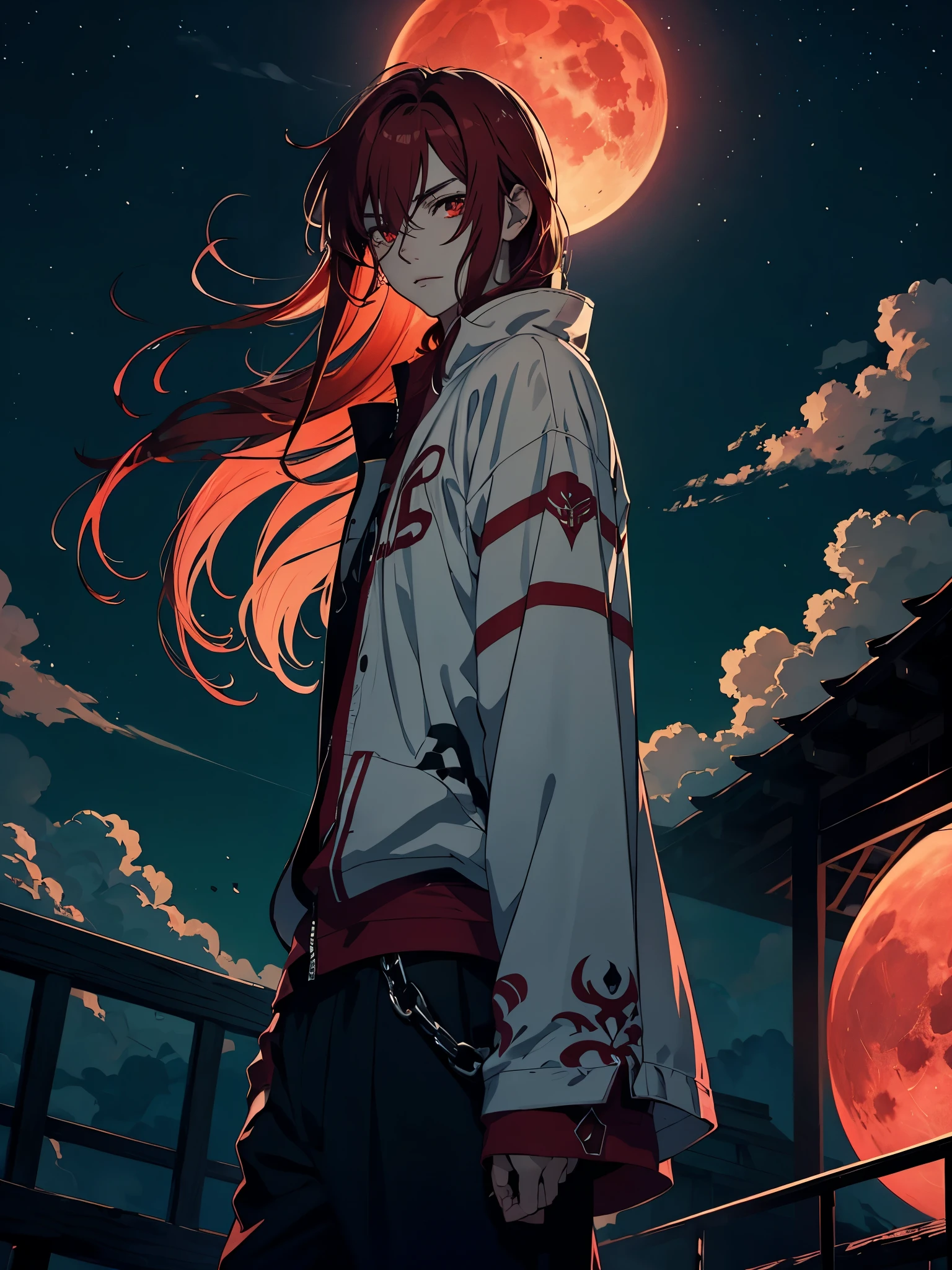 火. 火rote Haare. Red hair. Red eyeliner. Red Moon. More anime. male. Long hair. Boy.