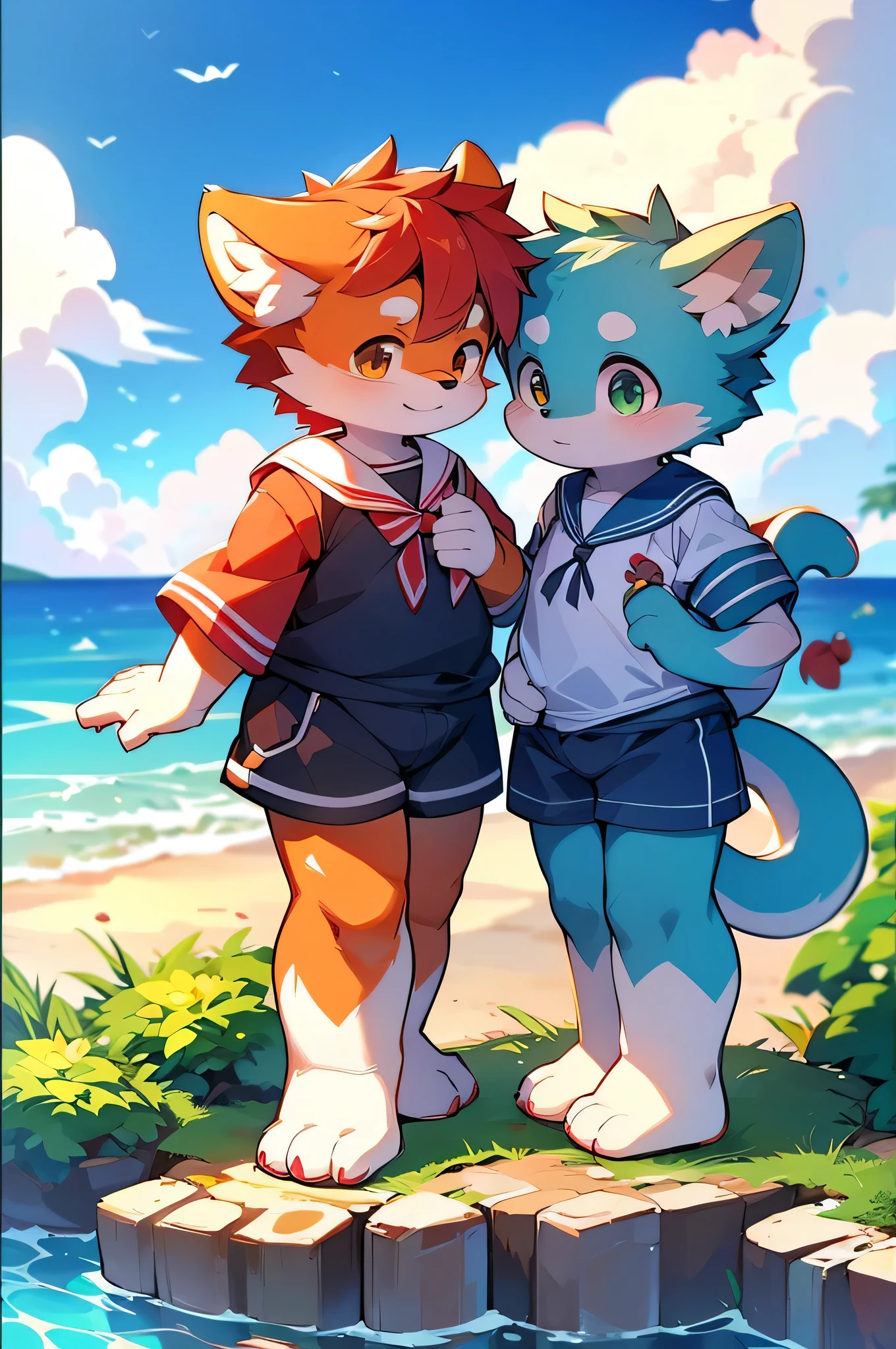 Dog Boy,8k resolution,Furry,Highest quality sea,Sailor uniform,Red collar,Two legs,Stand on your feet!