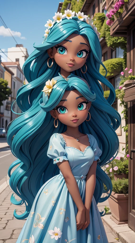 an african african dark brown skin:5, sparkling green eyes:2, pose for photo, Rapunzel style, nova york:5, in street, mega hair long hair4, flowers, intriguing image, vivid colors, long floral dress, sapatos brancos, clean image, high qualiy, sharpening, Sharp image, model face, 8k, professional image, ISO100, lake, blue skies, current fashion, very detailled, (highly detailed 8k face), perfect face shape, fleshy and perfect lips, perfect nose, beautiful and correct eyes, observant, bridal gown: 3,45, flowers de cabelo, Masterpiece artwork, best qualityer, Solteiro, jeans, standing alone, Advanced Digital Chibi