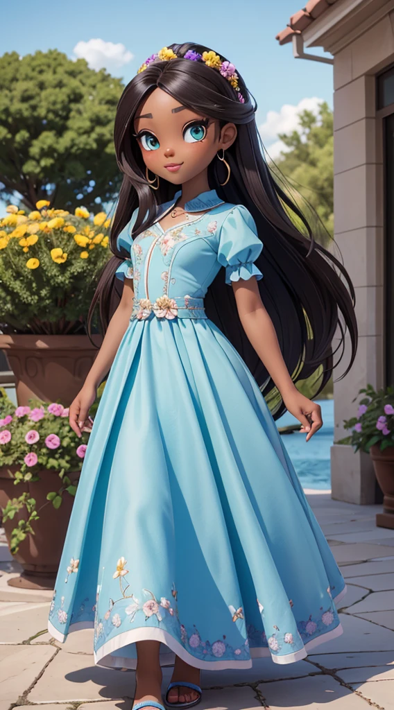 an african african dark brown skin:5, sparkling green eyes:2, pose for photo, Rapunzel style, nova york:5, in street, mega hair long hair4, flowers, intriguing image, vivid colors, long floral dress, sapatos brancos, clean image, high qualiy, sharpening, Sharp image, model face, 8k, professional image, ISO100, lake, blue skies, current fashion, very detailled, (highly detailed 8k face), perfect face shape, fleshy and perfect lips, perfect nose, beautiful and correct eyes, observant, bridal gown: 3,45, flowers de cabelo, Masterpiece artwork, best qualityer, Solteiro, jeans, standing alone, Advanced Digital Chibi