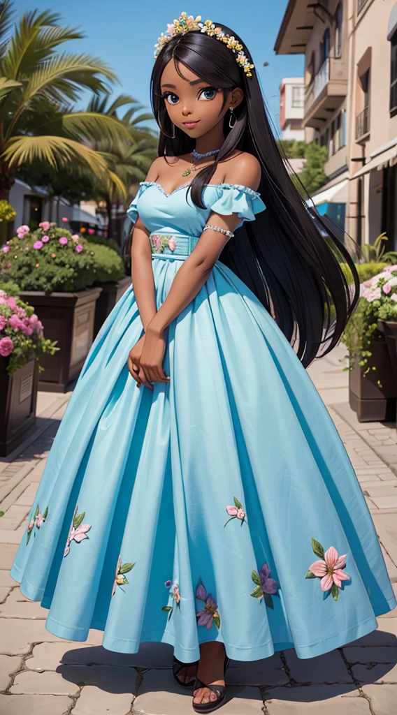 an african african dark brown skin:5, sparkling green eyes:2, pose for photo, Rapunzel style, nova york:5, in street, mega hair long hair4, flowers, intriguing image, vivid colors, long floral dress, sapatos brancos, clean image, high qualiy, sharpening, Sharp image, model face, 8k, professional image, ISO100, lake, blue skies, current fashion, very detailled, (highly detailed 8k face), perfect face shape, fleshy and perfect lips, perfect nose, beautiful and correct eyes, observant, bridal gown: 3,45, flowers de cabelo, Masterpiece artwork, best qualityer, Solteiro, jeans, standing alone, Advanced Digital Chibi