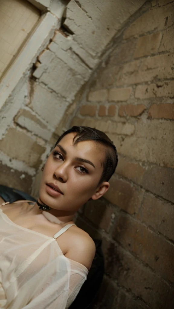 "Naked Lingerie Suspender" ((Hairstyle is shaved head, skinhead)), (Malaysia female), age 15 years old, 8K, photottorialism, G-String