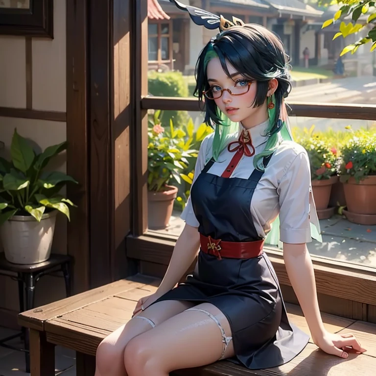 Xianyun_(genshin impact), 1girl, red roses, multicolored hair, black hair, green hair, long hair, glasses, navy short skirt, navy maid dress, skirt with layers, frills, red laces, maid apron, maid headdress, maid style, garter, garden scene, seat on the grass, navy maid dress, maid dress, more details on her clothes, golden details on her clothes, night, smiling, solo, alone, jewelry, oriental garden scenery, white apron, white headdress, maid clothes, sitting