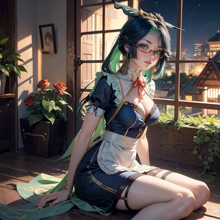 Xianyun_(genshin impact), 1girl, red roses, multicolored hair, black hair, green hair, long hair, glasses, navy short skirt, navy maid dress, skirt with layers, frills, red laces, maid apron, maid headdress, maid style, garter, garden scene, seat on the grass, navy maid dress, maid dress, more details on her clothes, golden details on her clothes, night, smiling, solo, alone, jewelry, oriental garden scenery, white apron, white headdress, maid clothes, sitting