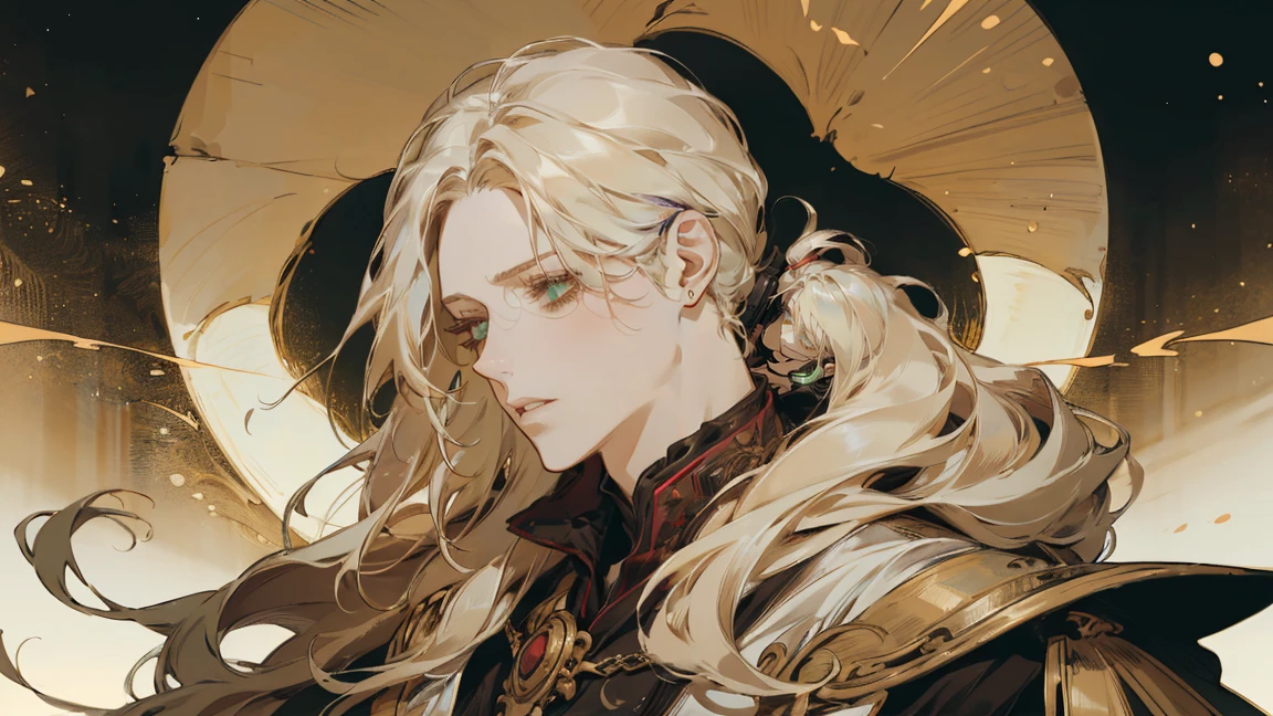 ((1 man)). ((brave:1.2)), Drawing a detailed portrait of a man with long hair, Long blond hair, Use gradient style. His hair was carefully tied into a ponytail.,... 他 has striking gold eyes, This contrasts sharply with his pale skin.., Added a touch of brilliance to his tired appearance. His face showed fatigue.'wearing a baggy, European style clothes, Flowing on his slender body., Equipped with thin, Neon lights. The background is very dark, Cluttered room, Flame Illuminates, Flames all around,Dim Lights,