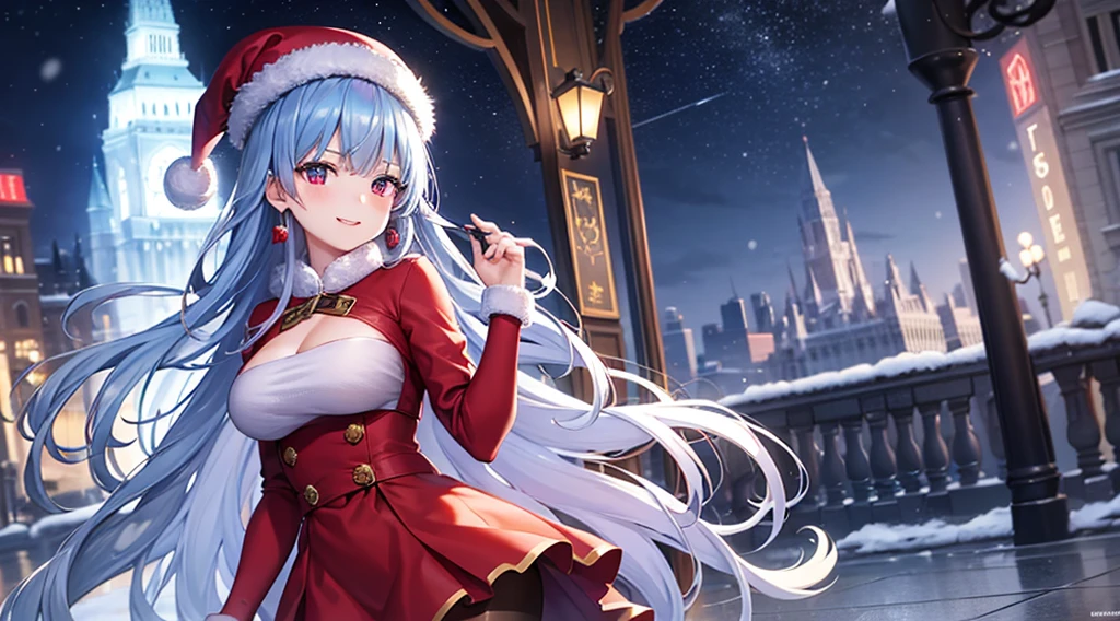 ((Finest quality)),(超A high resolution),(ultra-detailliert),(Meticulous portrayal),((Best Anime)),The best art.,sharpnes,Clair,rays of moonlight:1.3,Snowy night sky,On the roof with a chimney:1.7, (Female Santa Claus),Proportioned proportions:1.3,