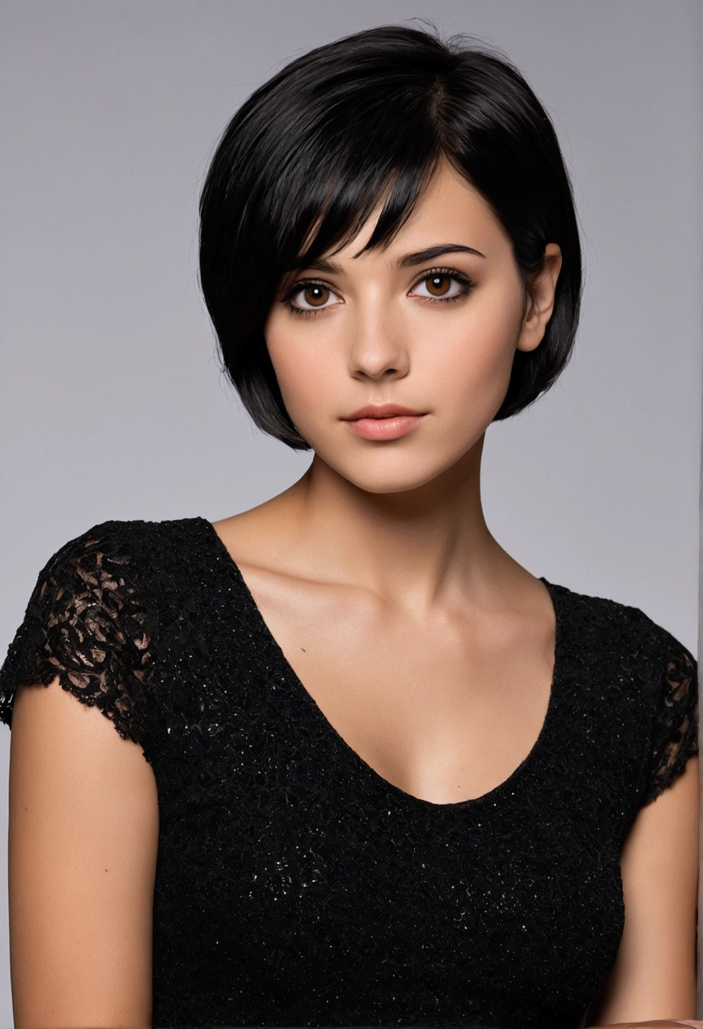 Taranka, in a silk shirt, (short black hair: 1.2), (hyper-detail of eyes and skin: 1.2), smile, correct anatomy of the body, (portrait in the style of David Barnett · Newton Helmut · Yuri Arkurs ), HDMI, high-professional, detailed, perfect gradient, masterpiece, dslr, 8k uhd, Nikon D3X, HTF, ISO200, f/2.8, 70mm,