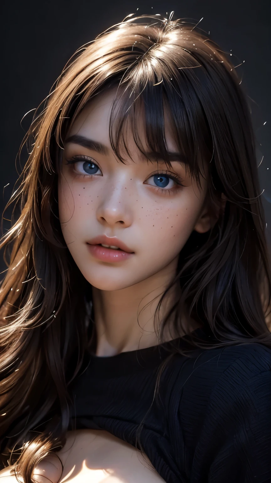 masterpiece, best quality, ultra-detailed, facing the camera head on, intricately detailed hyperdetailed, realistic, sharp features, highly detailed, sharp focus, perfect face, perfect face, perfect symmetrically perfect eyes, perfect full lips, flexible female form, cinematic, film light, hyper detailed, hyper realistic, masterpiece, atmospheric, high resolution, vibrant, dynamic studio lighting, nsfw, ((Dark background)), Sexy face, Facial expressions when receiving pleasure, straight Bangs, blue Eyes, black sweater, freckles,