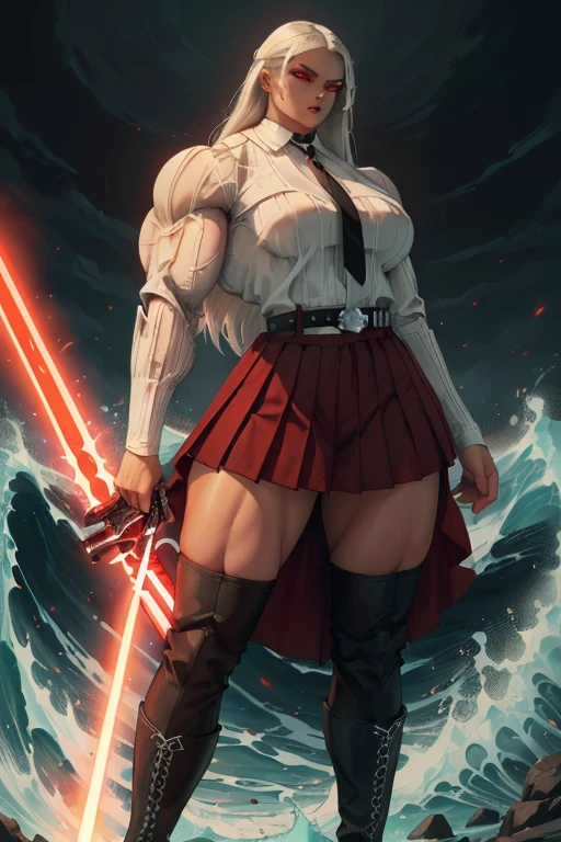 ((Massive tall, beautiful, buff, light brown skinned muscular female Sith Lord with white hair, black lipstick, ginormous bulky muscles, carrying a red lightsaber and wearing a white long sleeve pleated shirt with beautiful long pleated skirt)), ((close view)), (massive muscles), long straight hair, (((glowing red eyes))), red eyes, choker, ((white pleated shirt and tie)), neck tie, ((beautiful long pleated skirt)), belt, thigh high socks, black boots, (in front of a dark tidal wave), closed smile, night, hyper muscle