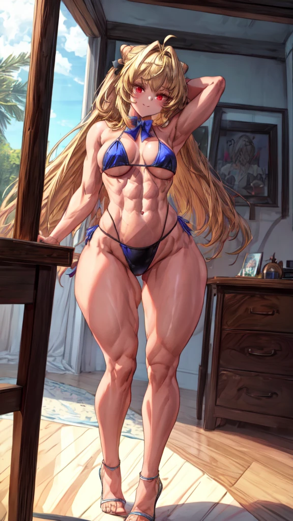 1 girl {ta}, {thin and small}, {{{Terakomori Gandesblood, long hair, blonde hair, cone hair bun, hair ornament, hair intakes, Ahoge, bangs, red eyes, beautiful smile, lidnl amazing beauty face, blue bowtie, short red bikini, (very small breasts)}}}, hermosa chica Loli(slim body but with abs), {{{standing or standing full body image}}}, {{{Wear black high heels}}}, poses her beautiful black heels standing {{{is stopped}}}, {{{muscular abs}}}, {{muscular belly}}}, is in an office, (old military type office), (((best quality))), (((8k quality))), (((ultra best definition))), ((better face definition))), (((perfect face))), {{{perfect face: 1}}}, {Focus and high resolution in the eyes}, (sharp focus: 1.1), Trend On Artstation, intricate, High detail, sharp focus, (((arms, hands, legs, feet, perfect face))), (((perfect body))), (((correct features))),(((best anatomy))), (((noise removal))), (((perfect and clear face))), (((masterpiece))).