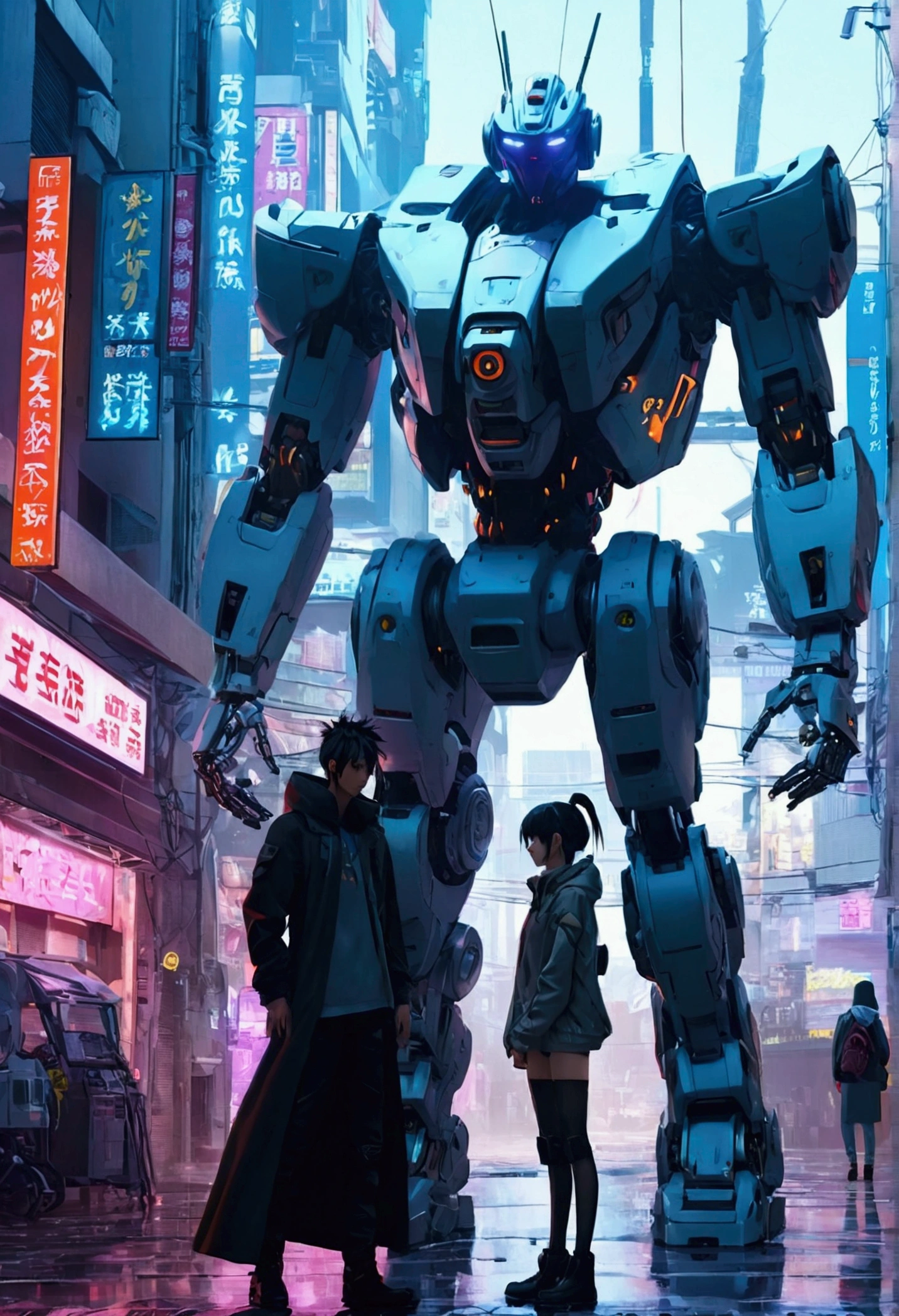 scene of&#39;anime de deux personnes dans une ville avec un robot, digital cyberpunk anime art, animated cyberpunk art, cyberpunk anime mech girl, cyberpunk anime art, cyberpunk anime moderne, digital cyberpunk - anime art, anime mecha aesthetic, badass anime 8k, best background&#39;écran anime 4k konachan, aesthetic mecha, cyberpunk anime, style animé 4k