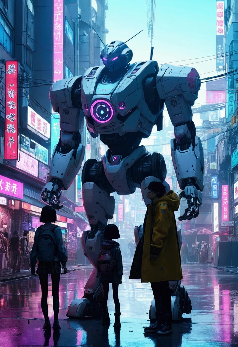 scene of&#39;anime de deux personnes dans une ville avec un robot, digital cyberpunk anime art, animated cyberpunk art, cyberpunk anime mech girl, cyberpunk anime art, cyberpunk anime moderne, digital cyberpunk - anime art, anime mecha aesthetic, badass anime 8k, best background&#39;écran anime 4k konachan, aesthetic mecha, cyberpunk anime, style animé 4k