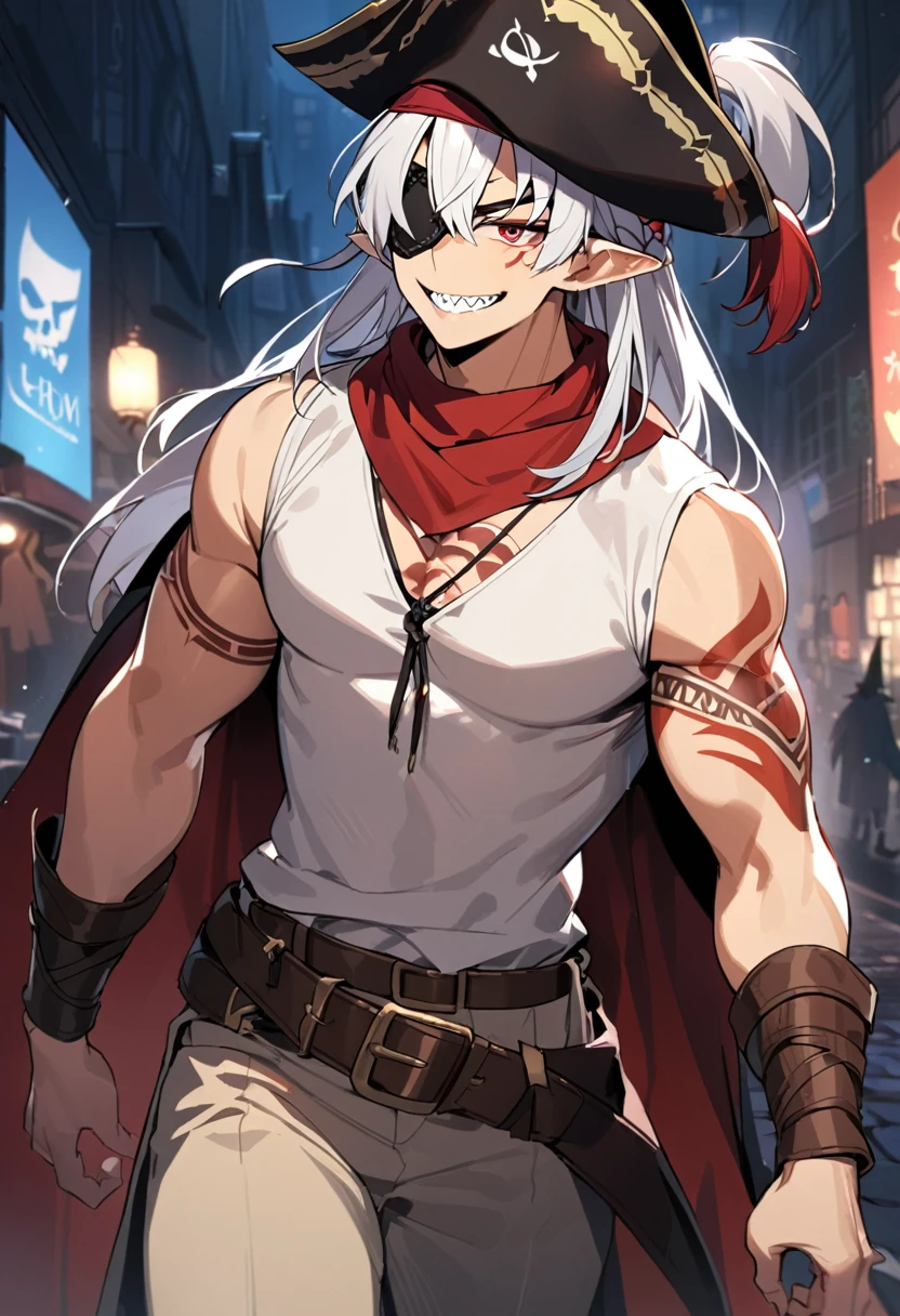 Boy, white hair, long straight hair, red eyes, wild smile, sharp teeth, pointed ears, fair skin, pirate outfit, Tricorn hat, bandana, eye patch, leather bracers, belt with large buckle, daggers, gold rings, red tribal tattoos, red facial tattoo, night on the streets, high details, high quality, 4K, anatomically correct
