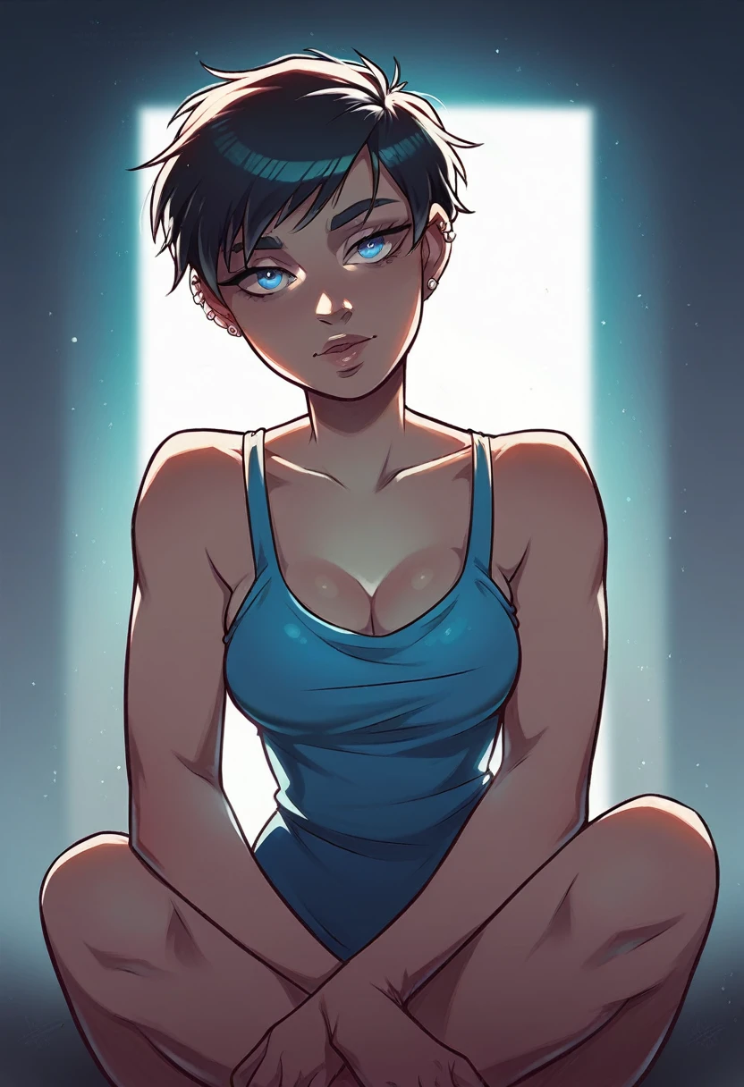 a beautiful woman with short hair, sitting in a blue blouse, piercing blue eyes, tomboy style, intricate details, high quality, photorealistic, warm lighting, cinematic, digital art