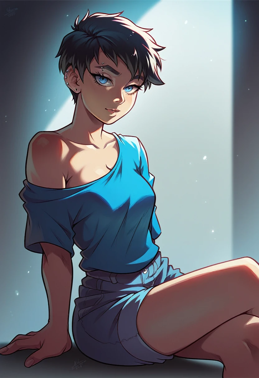 a beautiful woman with short hair, sitting in a blue blouse, piercing blue eyes, tomboy style, intricate details, high quality, photorealistic, warm lighting, cinematic, digital art