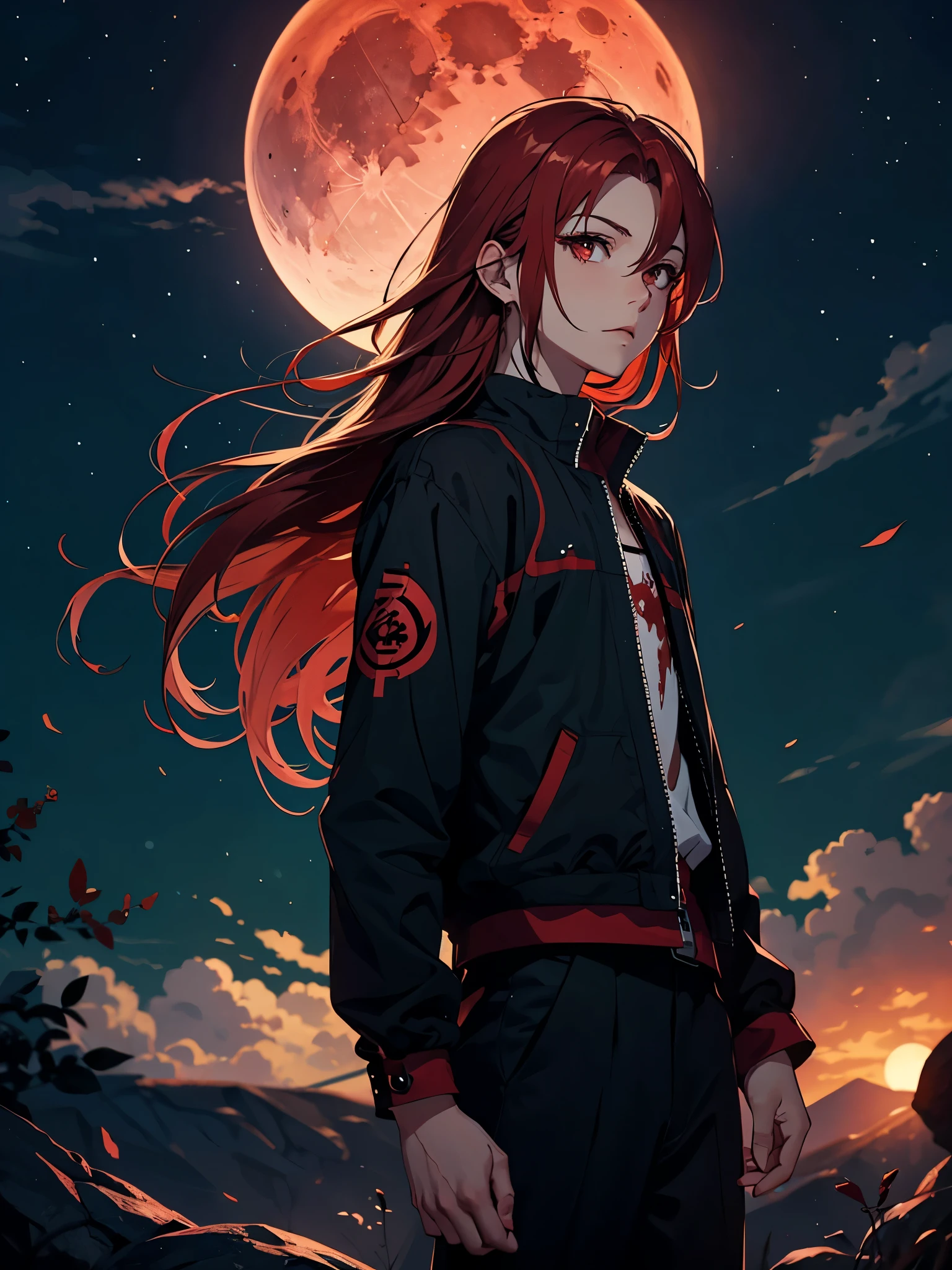 火. 火rote Haare. Red hair. Red eyeliner. Blood Moon. More anime. male. Long hair. Boy.