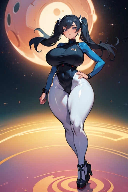 ((wide hips)), (huge thighs, very big thighs), big breast, young girl, Pullover, whole body to see, pigtails hair, big thighs, very big breast, thin waist, fullbody, standing, front pose, bodysuit, spy girl, platform heels , látex fullbody suit, space girl,