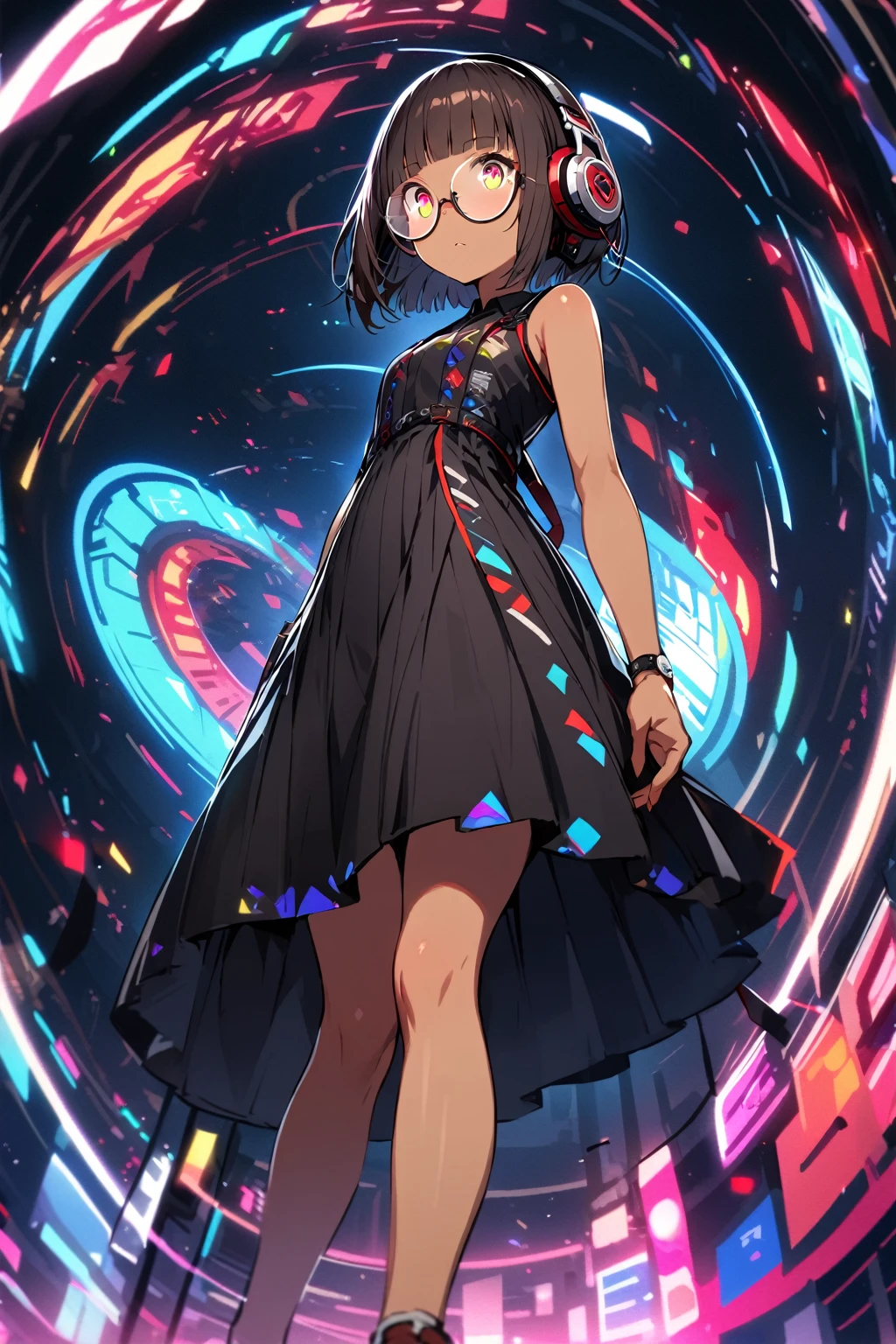 (extremely detailed fine touch:1.3), (((semi-rimless round eyewear:1.3))), (headphone:1.2), short hair, blunt bangs, Dark 1girl, solo, full body, bare arms, from below, glow eyes,