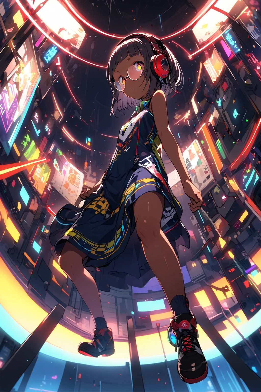 (extremely detailed fine touch:1.3), (((semi-rimless round eyewear:1.3))), (headphone:1.2), short hair, blunt bangs, Dark 1girl, solo, full body, bare arms, from below, glow eyes,