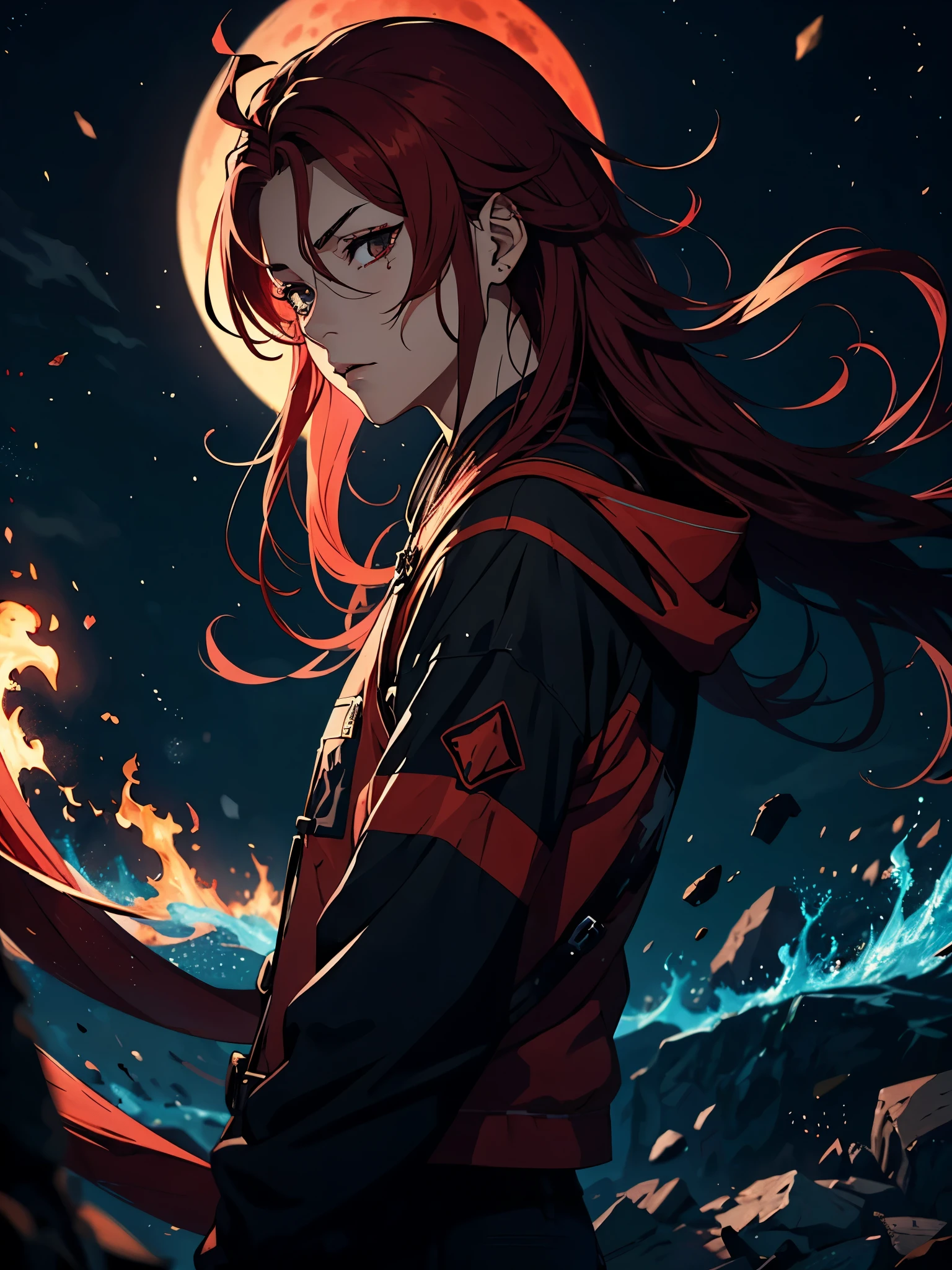 Blaues 火. 火rote Haare. Red hair. Red eyeliner. Blood Moon. More anime. male. Long hair. Boy.