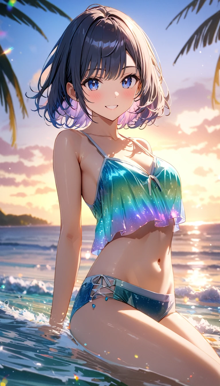 Sparkling sea and tropical ocean, Clear sky and fluffy white clouds, Palm trees on the coast, Blurred Background,Pleasant sea breeze,High school girl,Swimwear,short hair,Smile,glitter effects,best quality, 4K, 8K, high resolution, masterpiece:1.2, Very detailed, Practical:1.37, high resolution, 超high resolution, Super Fine, Clear focus, Physically Based Rendering, Very detailedな説明, professional, Vibrant colors