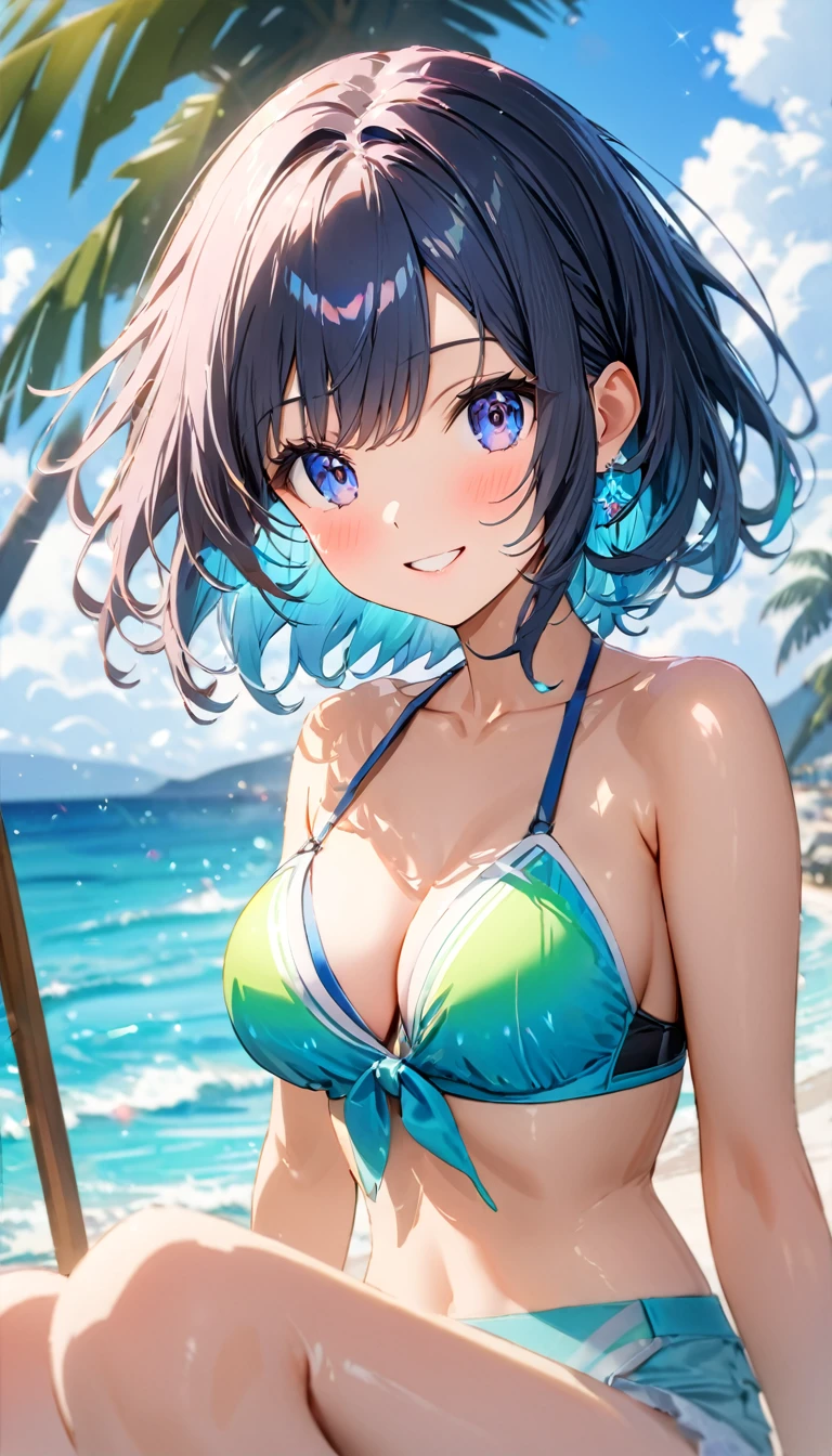 Sparkling sea and tropical ocean, Clear sky and fluffy white clouds, Palm trees on the coast, Blurred Background,Pleasant sea breeze,High school girl,Swimwear,short hair,Smile,glitter effects,best quality, 4K, 8K, high resolution, masterpiece:1.2, Very detailed, Practical:1.37, high resolution, 超high resolution, Super Fine, Clear focus, Physically Based Rendering, Very detailedな説明, professional, Vibrant colors