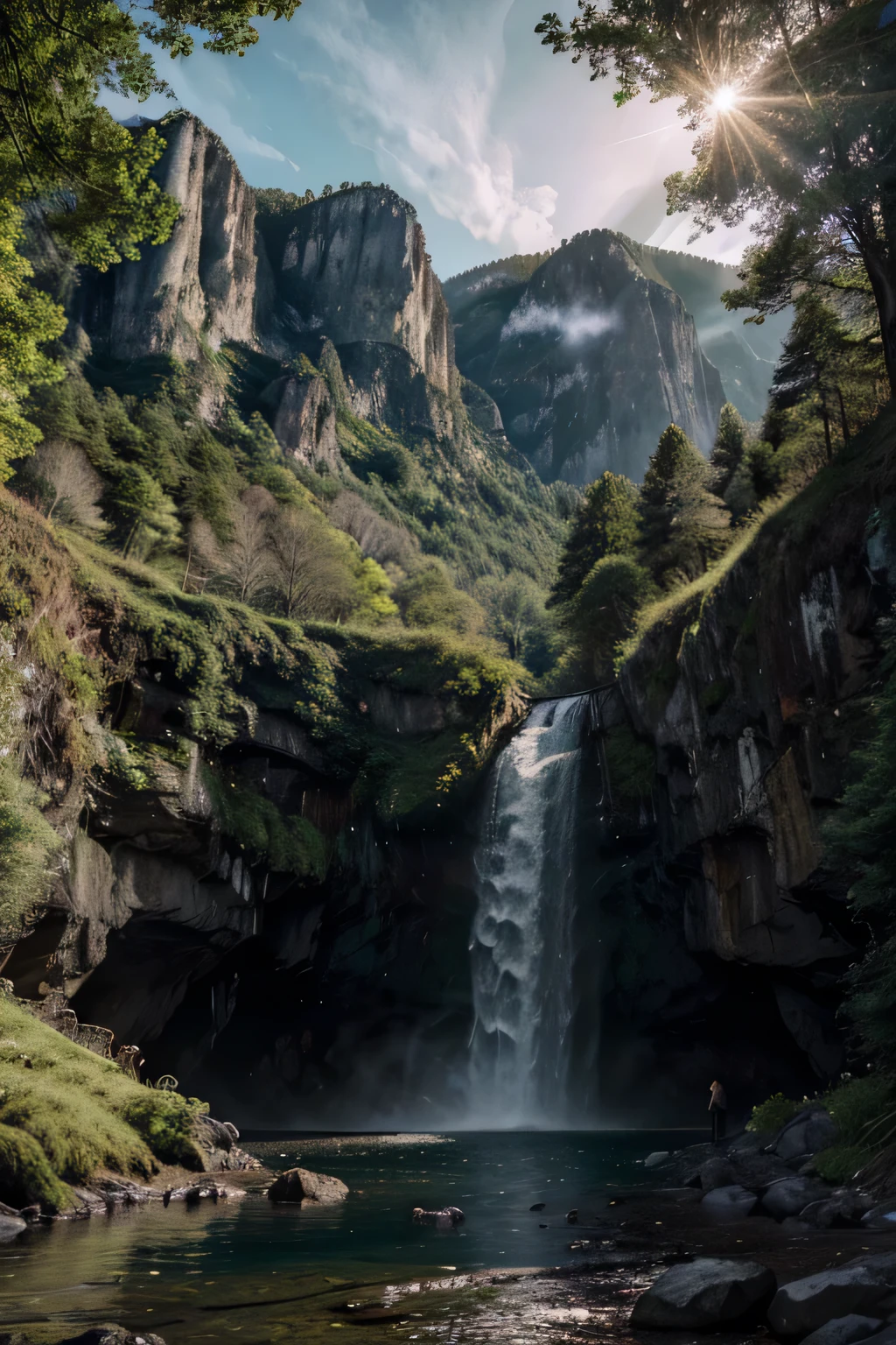 a beautiful mountain waterfall, cascading over a cliff, lush green forest, dramatic lighting, epic cinematic view, serene and peaceful atmosphere, 4k, 8k, highres, masterpiece:1.2, ultra-detailed, realistic, photorealistic, photo-realistic:1.37, HDR, UHD, studio lighting, ultra-fine art, sharp focus, physically-based rendering, extreme detail description, professional, vivid colors, landscape, dramatic lighting, moody colors, lush foliage, rugged cliffs, powerful flow, calming atmosphere