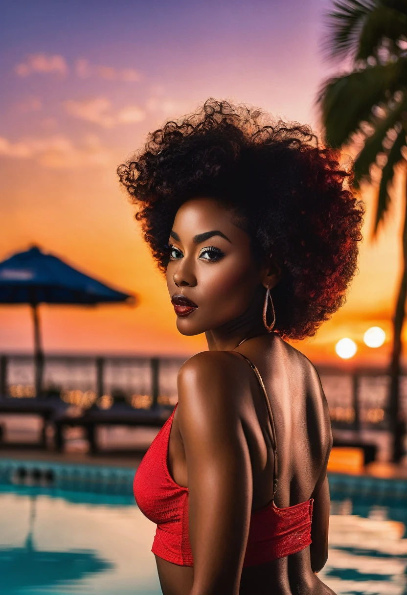 The photograph features an Afro woman with dark hair and curls that blow in the wind., forming a kind of flame against the twilight sky. Her unbridled beauty is enhanced by a sexy red mini crop top with big breasts, while at a pool bar in Miami. She holds a tequila sunrise cocktail towards front as if making a toast