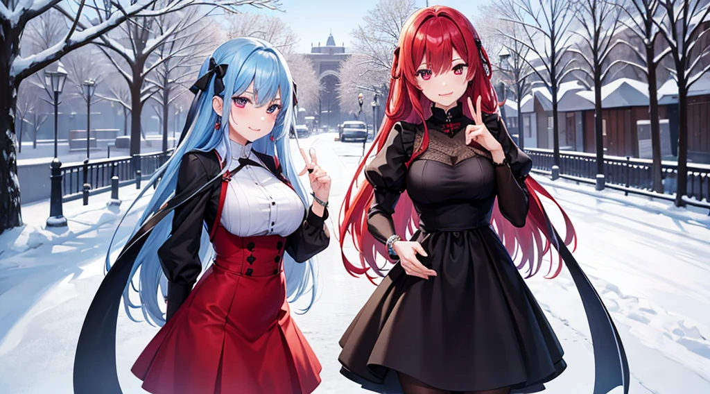 Highest quality, masterpiece, figure, wallpaper,One girl, Light Hair, Beautiful detailed girl, Highly detailed eyes and face, Beautiful attention to detail, Shine,Browsing Caution, View your viewers, night, Black Pantyhose, Straight hair, Red Eyes, Semi-long hair,beautiful light blue hair, Thighs, Large Breasts, Red eyes,beautiful finger, clear background, deep night, smile、Big earrings、bracelet、Gal、snow、smug face, Clothing Red coat、street、winter、outside、Are standing, Black Skirt、Double Peace