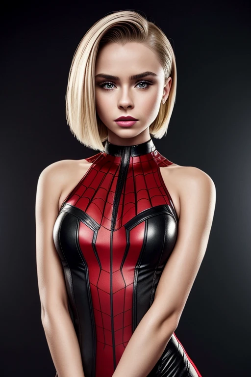 Gorgeous european woman with very short straight hair, short hair, wet hair, hair slicked back, combed straight back, slick hair, streaked caramelblonde hair, seductive, sabrina carpenter, wearing red and black spiderwoman outift, cleavage, solid dark grey background