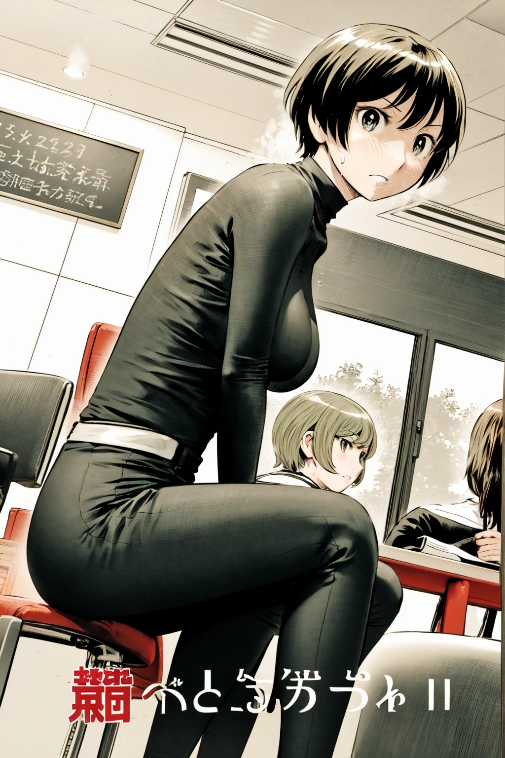 、(masterpiece、Highest quality)、Highest quality, Ultra-high resolution, (((masterpiece))), alone, Sweat、Big eyes,office、Tight white dress shirt、Tight black suit、Tight black pants、indoor、Composition from the front、(Cut the back hair short、short hair、blonde、woman)、Shortcuts、Embarrassed face、Cut your hair short、可愛いwomanの子、Big Breasts、Sit on a chair、Face to face、Composition from the front、View your viewers