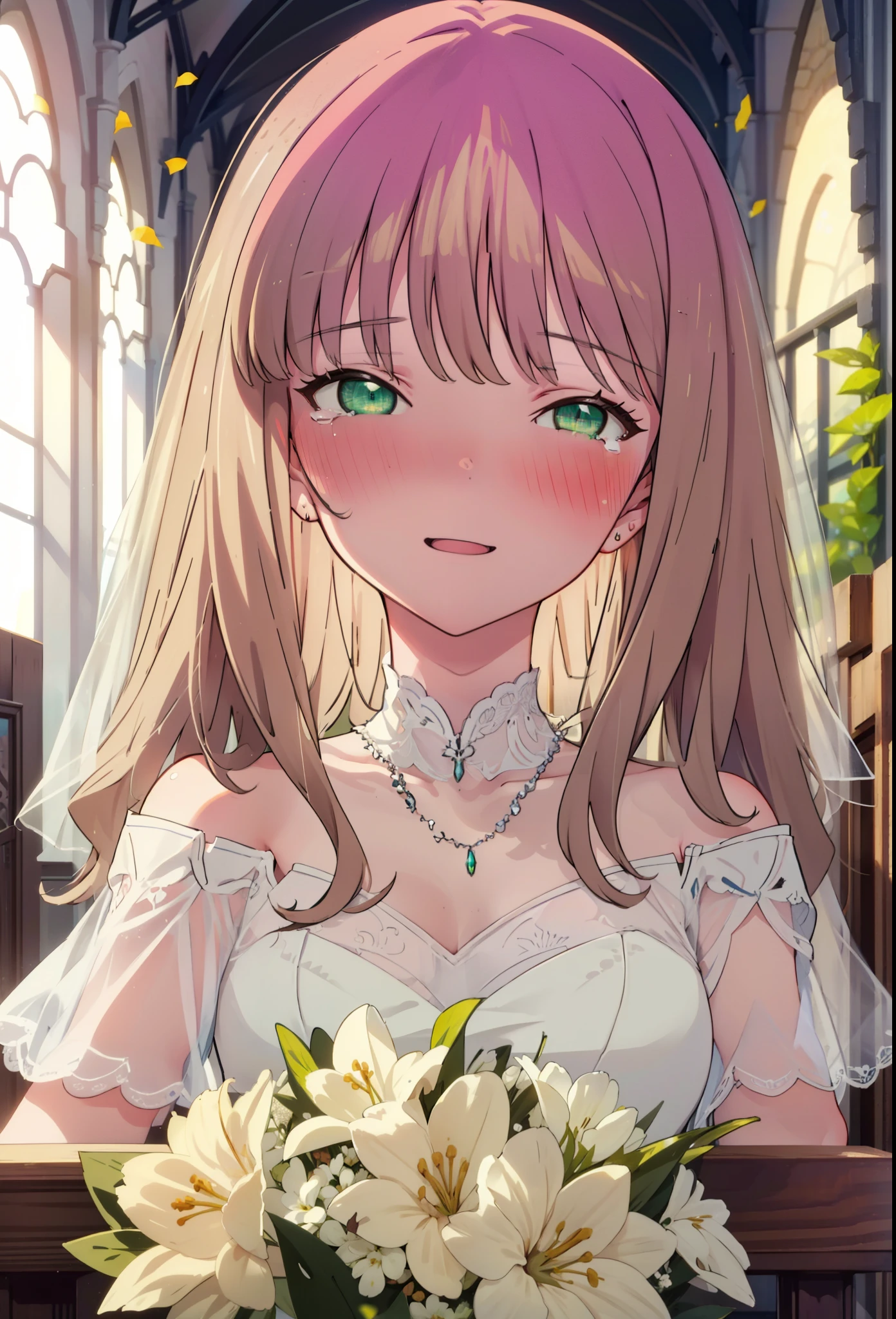 minami yume ,sss Dynazenon ,Long Hair, Brown Hair, (Green Eyes:1.5) ,blush,happy smile, smile, Open your mouth,Off-the-shoulder wedding dresses,necklace,Veil,bouquet,Close both eyes,Tears stream down her face,Tears of joy,I cry a lot,
break looking at viewer, Upper Body,(Cowboy Shot:1. 5) break indoors, Chapel,church, break (masterpiece:1.2), Highest quality, High resolution, unity 8k wallpaper, (shape:0.8), (Beautiful attention to detail:1.6), Highly detailed face, Perfect lighting, Highly detailed CG, (Perfect hands, Perfect Anatomy),