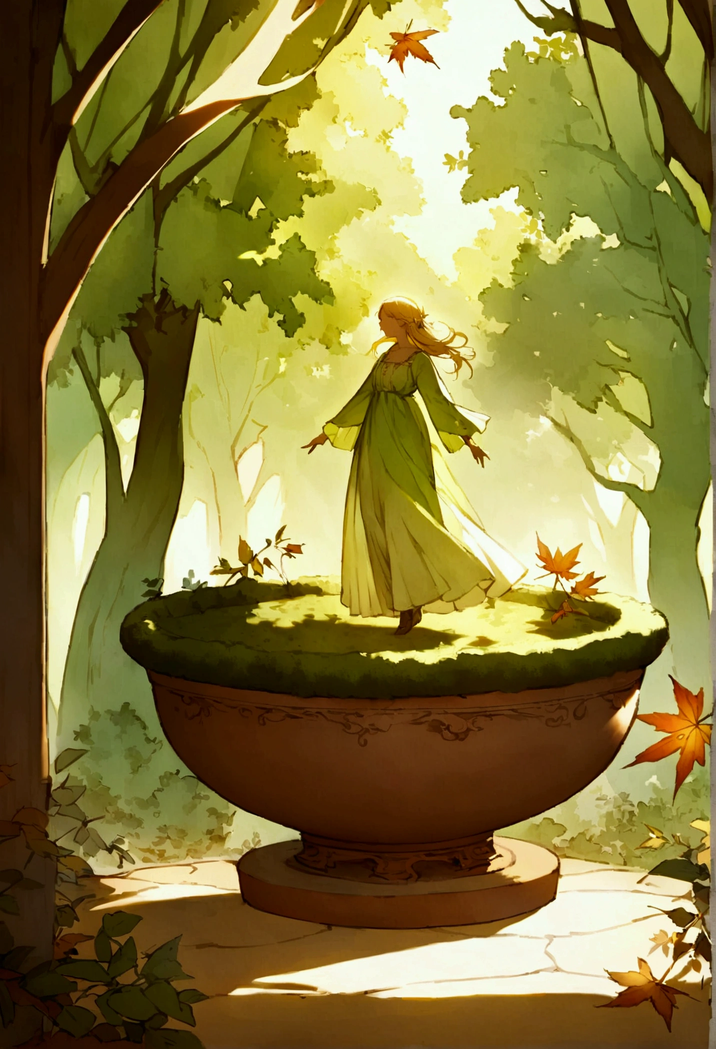 A whimsical miniature figure composed of delicately arranged autumn leaves, poised in a carefree dance on the rim of a weathered, moss-covered terracotta pot, set against a lush, vibrant forest backdrop, where dappled sunlight filters through the canopy above, casting intricate shadows. The overall aesthetic is ethereal, with warm, earthy tones of sienna, umber, and olive green, infused with hints of emerald and golden light, evoking a sense of wonder and enchantment, as if plucked from a fantastical realm.