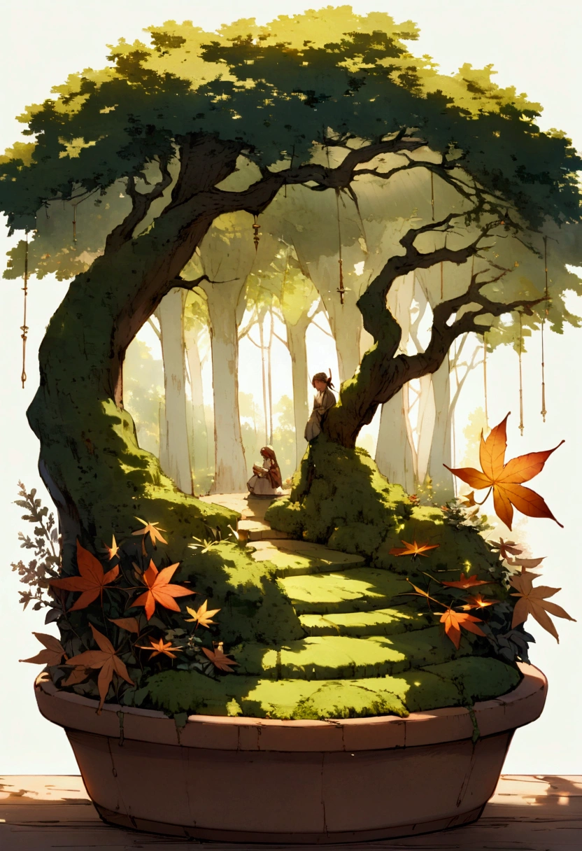 A whimsical miniature figure composed of delicately arranged autumn leaves, poised in a carefree dance on the rim of a weathered, moss-covered terracotta pot, set against a lush, vibrant forest backdrop, where dappled sunlight filters through the canopy above, casting intricate shadows. The overall aesthetic is ethereal, with warm, earthy tones of sienna, umber, and olive green, infused with hints of emerald and golden light, evoking a sense of wonder and enchantment, as if plucked from a fantastical realm.