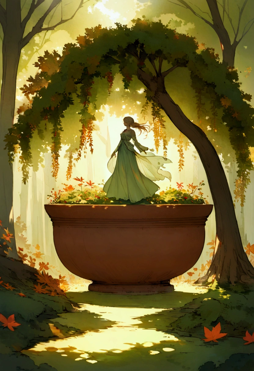 A whimsical miniature figure composed of delicately arranged autumn leaves, poised in a carefree dance on the rim of a weathered, moss-covered terracotta pot, set against a lush, vibrant forest backdrop, where dappled sunlight filters through the canopy above, casting intricate shadows. The overall aesthetic is ethereal, with warm, earthy tones of sienna, umber, and olive green, infused with hints of emerald and golden light, evoking a sense of wonder and enchantment, as if plucked from a fantastical realm.