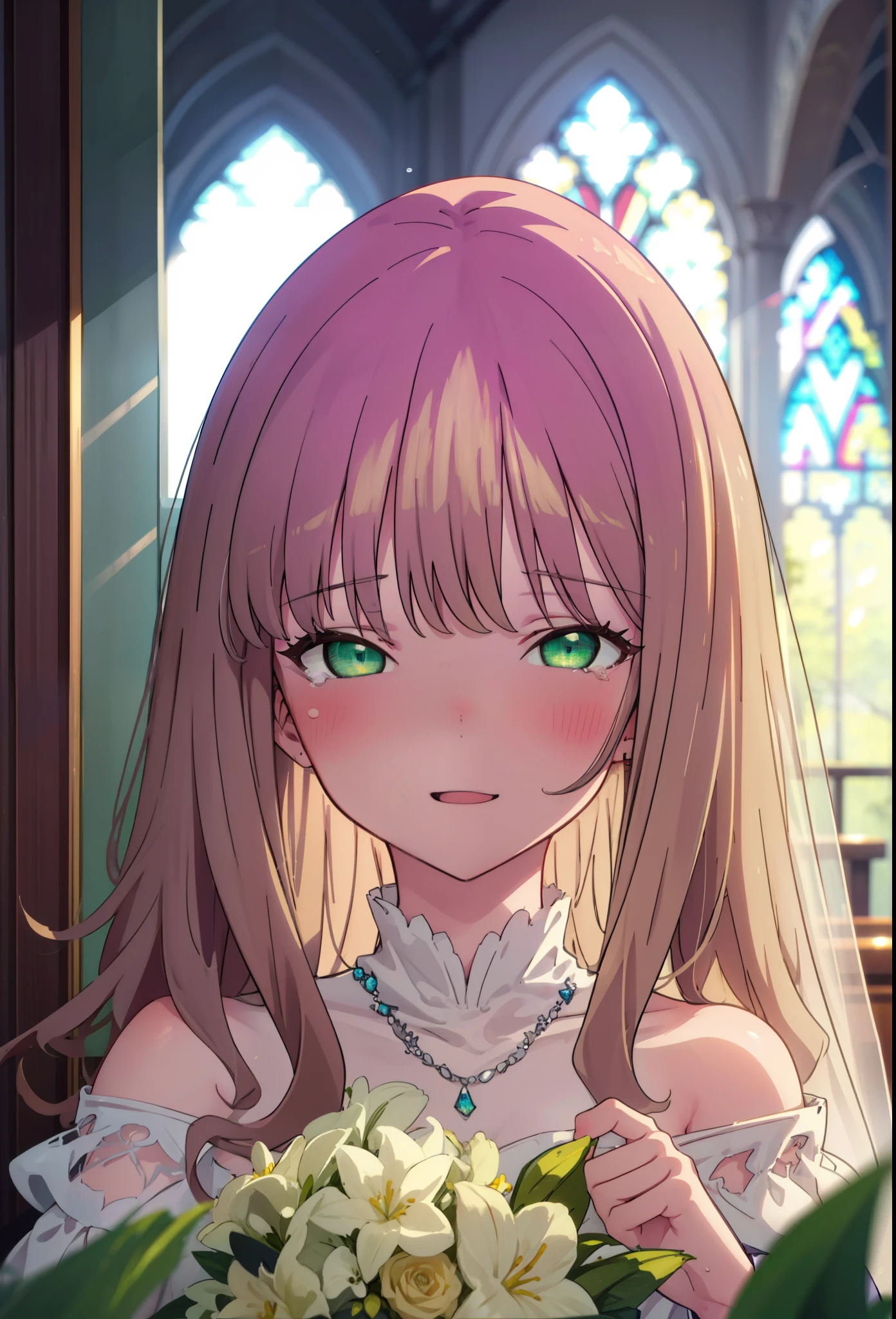 minami yume ,sss Dynazenon ,Long Hair, Brown Hair, (Green Eyes:1.5) ,blush,happy smile, smile, Open your mouth,Off-the-shoulder wedding dresses,necklace,Veil,bouquet,Close both eyes,Tears stream down her face,Tears of joy,I cry a lot,　　　　　　　　　　　　 
 break looking at viewer, Upper Body,(Cowboy Shot:1. 5) 　　　　　　　　　　　　　　　　　　　break indoors, Chapel,church, 　　　　　　　　　　　break (masterpiece:1.2), Highest quality, High resolution, unity 8k wallpaper, (shape:0.8), (Beautiful attention to detail:1.6), Highly detailed face, Perfect lighting, Highly detailed CG, (Perfect hands, Perfect Anatomy),