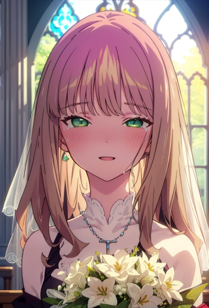 minami yume ,sss Dynazenon ,Long Hair, Brown Hair, (Green Eyes:1.5) ,blush,happy smile, smile, Open your mouth,Off-the-shoulder wedding dresses,necklace,Veil,bouquet,Close both eyes,Tears stream down her face,Tears of joy,I cry a lot,
break looking at viewer, Upper Body,(Cowboy Shot:1. 5) break indoors, Chapel,church, break (masterpiece:1.2), Highest quality, High resolution, unity 8k wallpaper, (shape:0.8), (Beautiful attention to detail:1.6), Highly detailed face, Perfect lighting, Highly detailed CG, (Perfect hands, Perfect Anatomy),