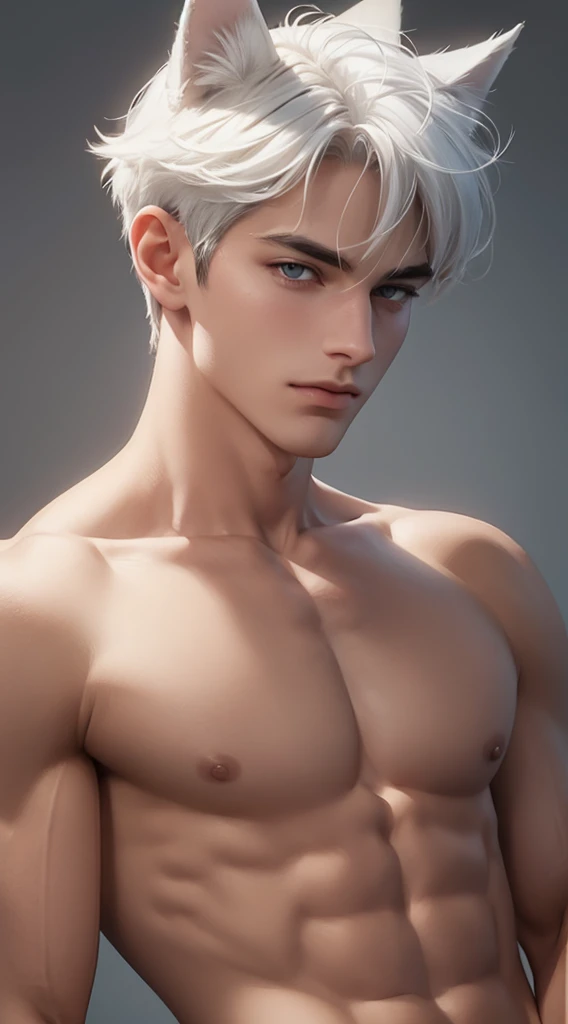 4K, high resolution, best qualityer, work of art, perfect color, perfect shadow, perfect lighting, Posted by e621, ((portraite)), ((handsome man)), perfect male figure, Short hair details,chest muscles,Abdominal muscles,naked torso,face detailed, face perfect, (lifted), detailed back ground, ((Bonifasco Lighting)), (Delicate Eyes),(animal ears),White hair, naked dick cum