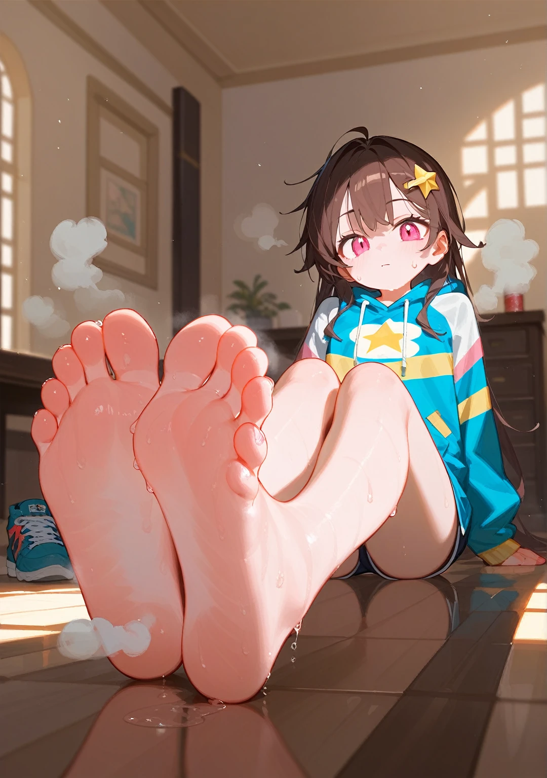 wallpaper,sit on the floor, Long hair,best quality, Very detailed, masterpiece, Extremely detailed, illustration, Sky,Foot Focus, barefoot,Stinky feet,脚底Sweating很多,Sweating all over,Sweating,Pink Eyes,There is a big five-pointed star hairpin in the hair,Brown hair,Each foot can only have five toes,There is a pair of sneakers next to it,
