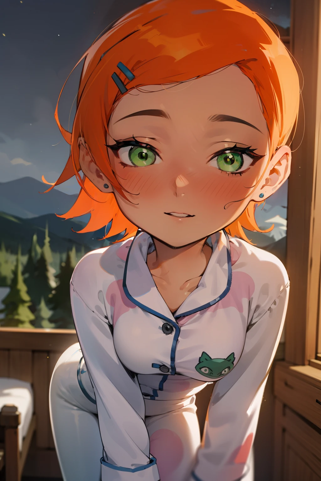 (Masterpiece), Best Quality, ultra-detailed, 1girl (Gwendolyn_Tennyson,  beautiful face, breasts, orange hair, short hair, green eyes, half-closed eyes), detailed face,a face in love, smile, parted lips, nose blush, blush , facing viewer, looking at viewer, solo, pink pajama, forest, night time, dark lighting, in the mountain cabin, standing, sexy waist teasing, come-on, cowboy shots