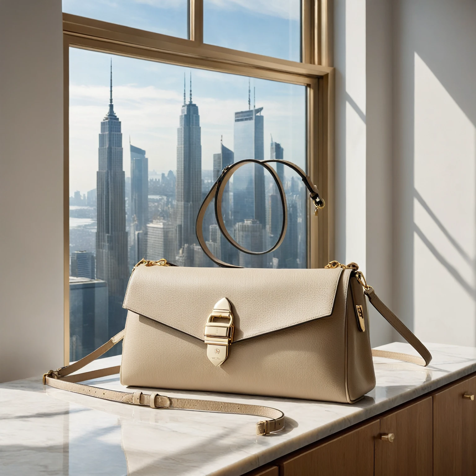 A high-resolution, cinematic photo of a luxurious beige pebbled leather convertible crossbody bag displayed on a sleek marble countertop in a modern apartment. The bag rests in its crossbody configuration, with the detachable strap slung across the countertop. The gold-tone clasp closure gleams in the light filtering through the large windows. In the background, a vibrant cityscape unfolds, with towering skyscrapers reaching towards the sky. Sunlight reflects off the glass windows, creating a dynamic backdrop.