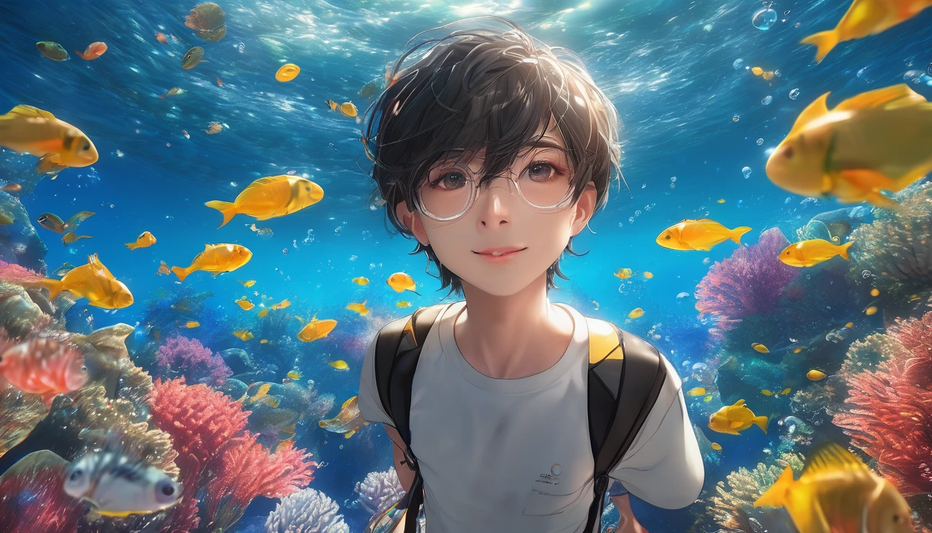 ((cpchann)), ((cpchann)), ((best quality)), ((masterpiece of cpchann)), (super detail: 1.2), (High definition: 1.3), (Professional photography: 1.2), (cinematic lighting), ( looking at another), ahoge, (smug), (ultra detailed), (selfie pose), 1boy, full body, ((in the sea)), (surrounded by beautiful fish), colorful bubble, marine nature, perfect environment, brightness, (sharp focus), (perfect light),