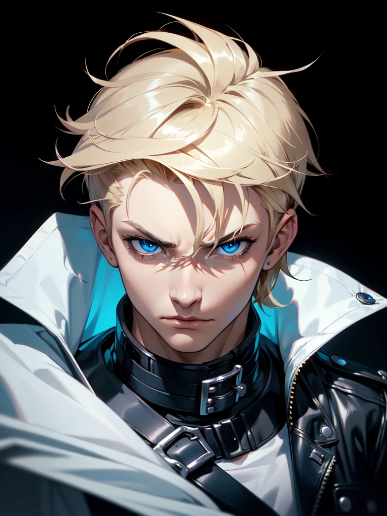 (((Portrait Photo))), He has a Charismatic and Daring Appearance of a Young Boy, with a Lean and Muscular Build that Conveys Strength. His Short, Tousled Light Blonde Hair Adds a Touch of Wildness to His Look, Framing His Face with a Bold and Striking Flair. His Sharp Blue Eyes are Full of Confidence and Determination, Reflecting His Courageous and Fearless Nature. He is Dressed in a Black Leather Jacket Adorned with Silver Studs, Paired with a Simple White T-Shirt, Creating a Style that is Both Rebellious and Stylish. His Expression is Confident and Slightly Defiant, with a Hint of a Smirk, Conveying a Sense of Independence and Bold Charm. (((High Quality, Dark Background))), (((Portrait Photo)))