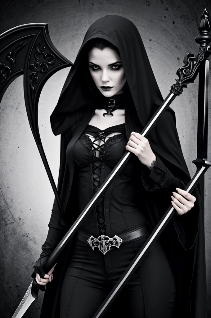 Draw gothic-style black and white girl while holding Grim reaper’s scythe